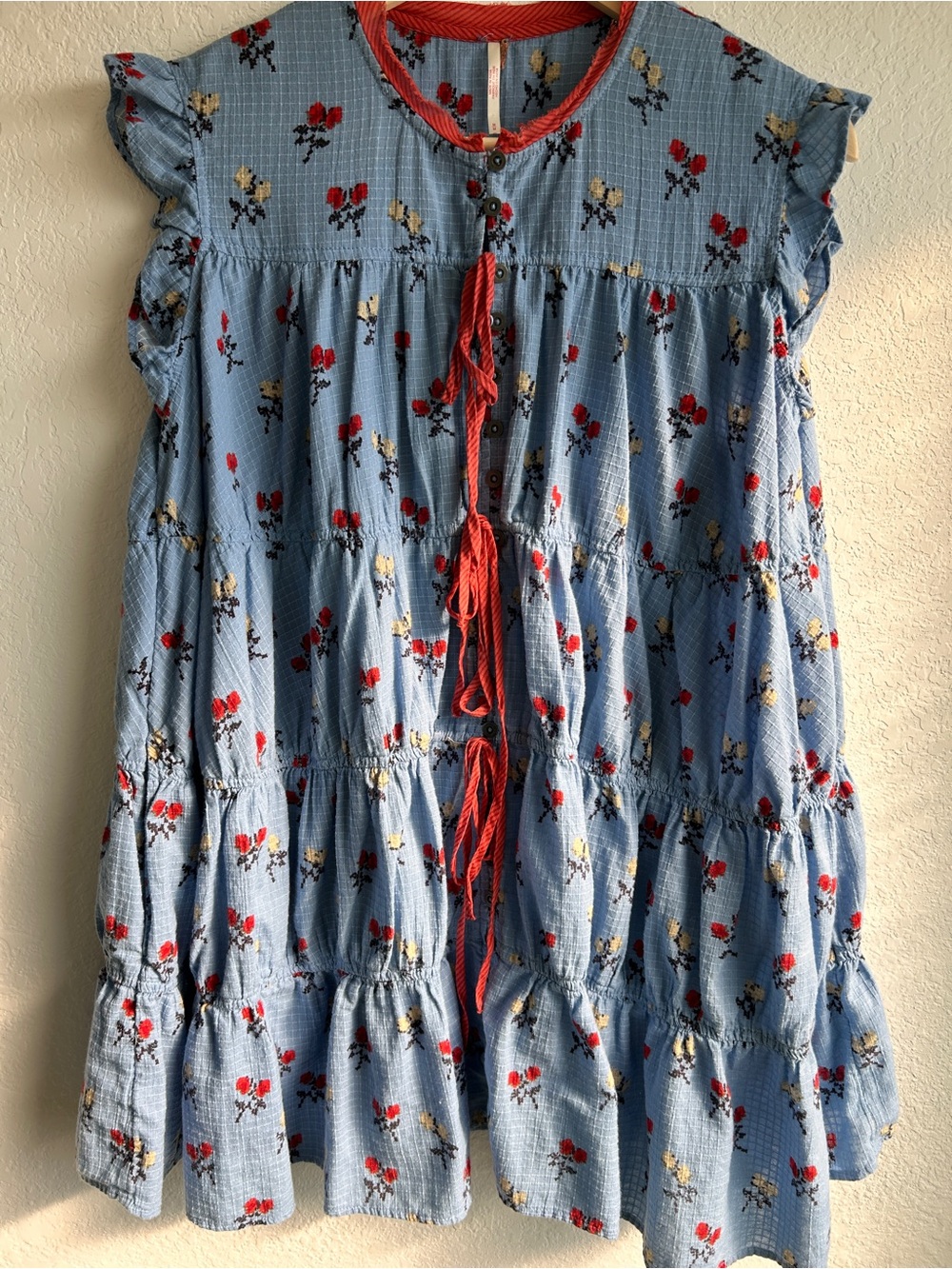 Free People Sundown Mini dress medium Blue Floral Tiered Dress with Red